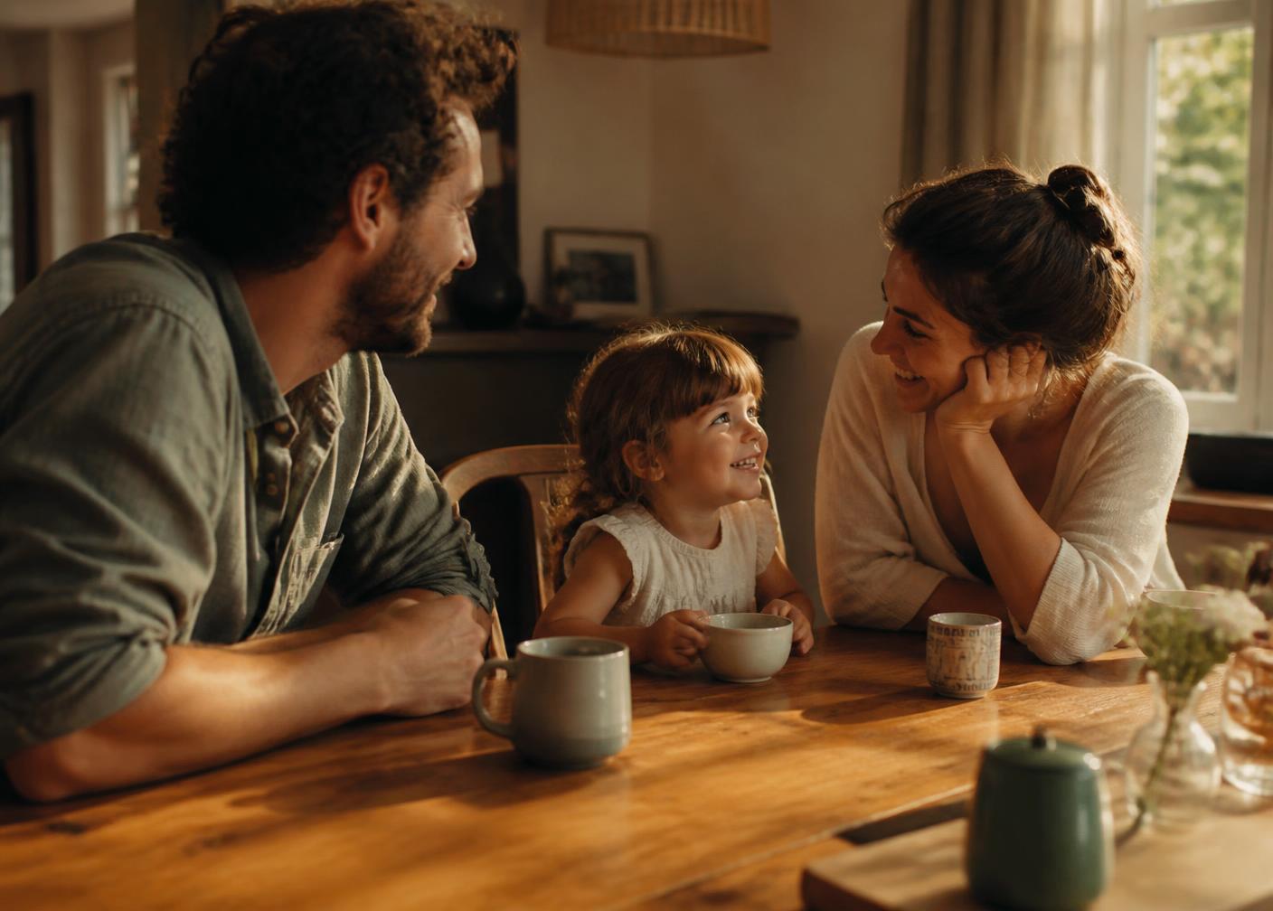 Família conversando com tranquilidade ao redor da mesa em casa, no fim da tarde