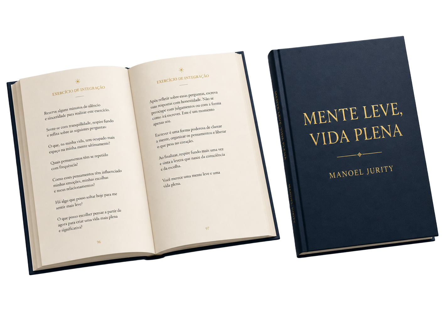 eBook Mente Leve, Vida Plena aberto em uma página de exercício de integração, ao lado da capa em azul-petróleo