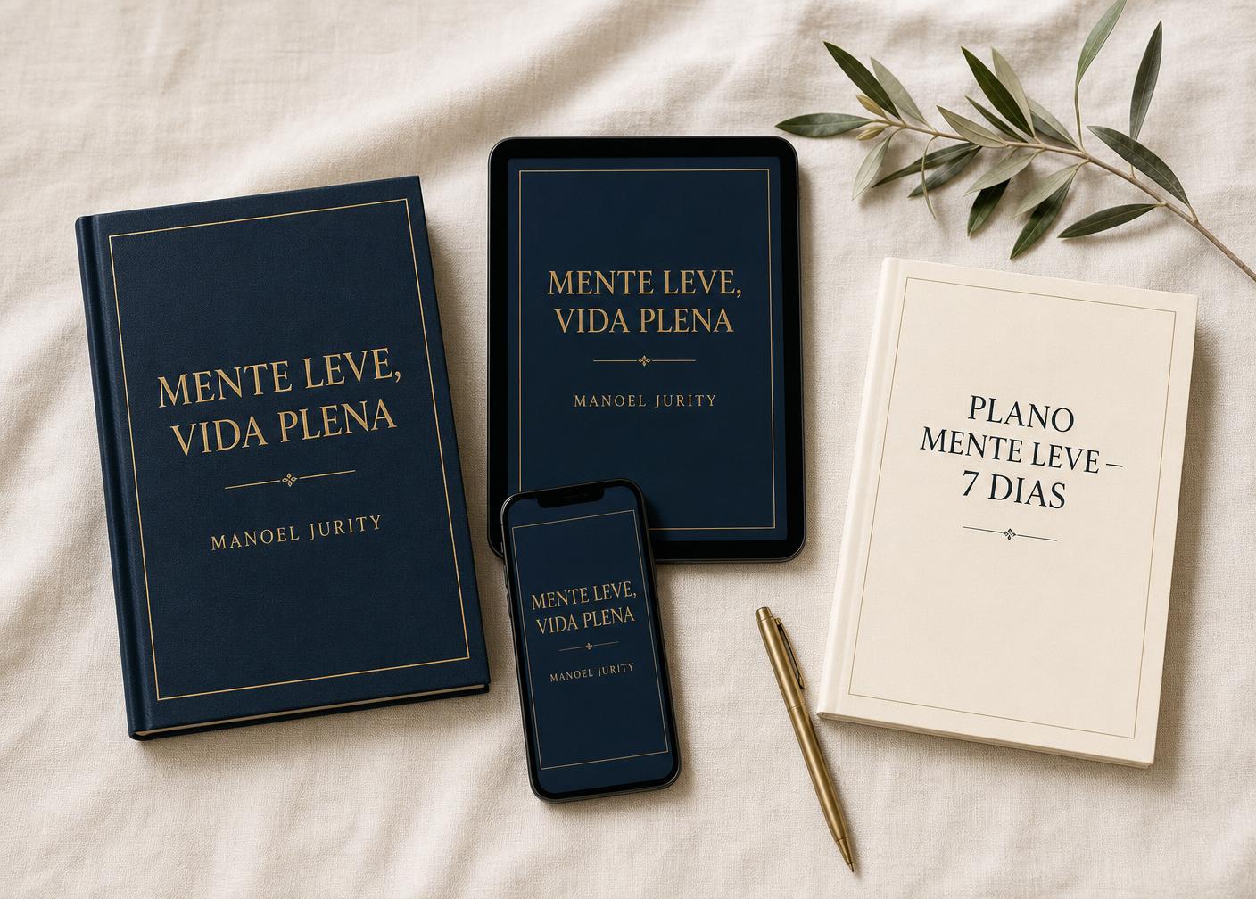 Composição com o eBook Mente Leve, Vida Plena em livro, tablet e celular, ao lado do caderno do Plano Mente Leve de 7 dias