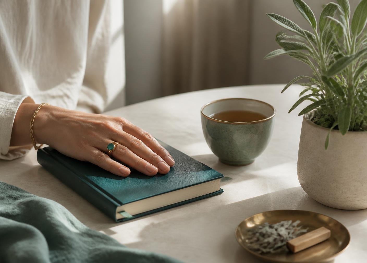 Mão descansando sobre um livro fechado ao lado de uma xícara de chá e uma planta de sálvia